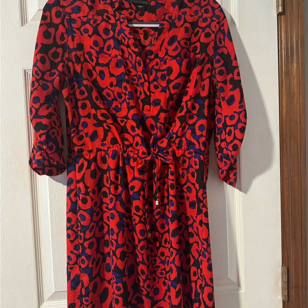 Metaphor Red and Navy Animal-Print Tie-Waist Long Sleeve Dress